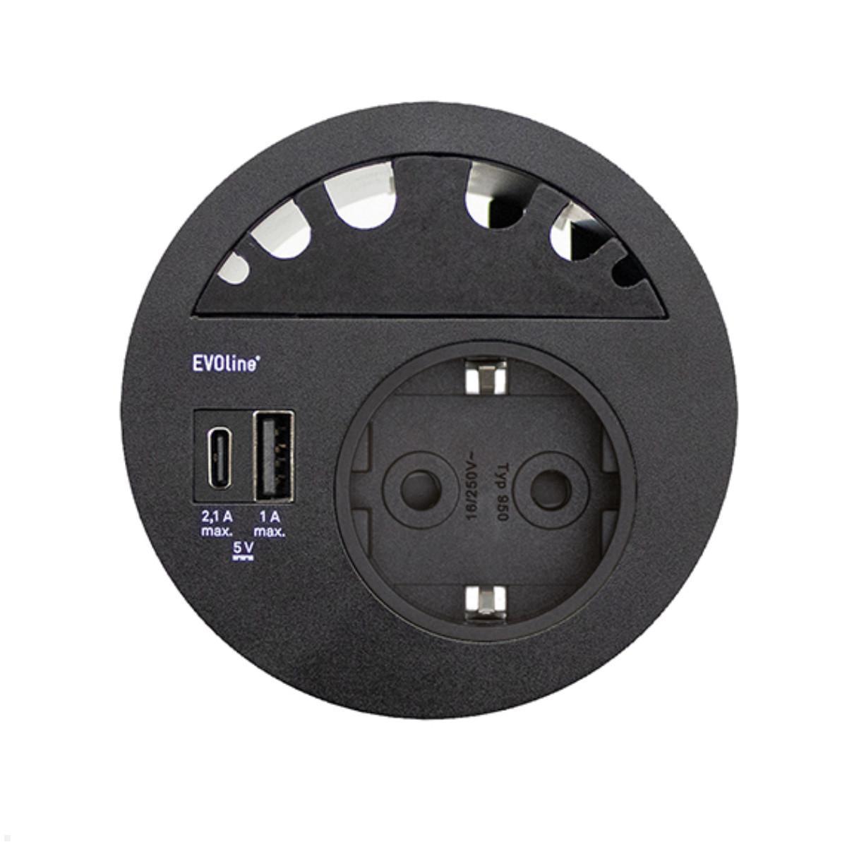 EVOline Circle80 Einbausteckdose mit USB-Charger A/C, Kabelführung, schwarz EVOline Circle80 Einbausteckdose mit USB-Charger A/C, Kabelführung, schwarz