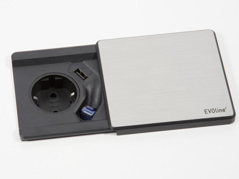 EVOline Square80 Einbausteckdose 1x Schuko mit USB und CAT6 Patchkabel Edelstahl-Optik