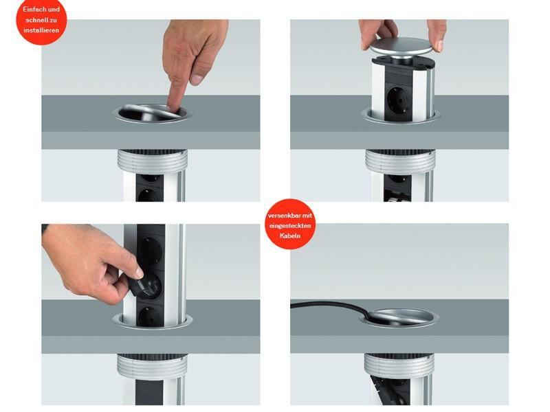 EVOline Port Data zweifache versenkbare Steckdose 2x CAT6, silber, Funktionen  EVOline Port Data zweifache versenkbare Steckdose 2x CAT6, silber, Funktionen