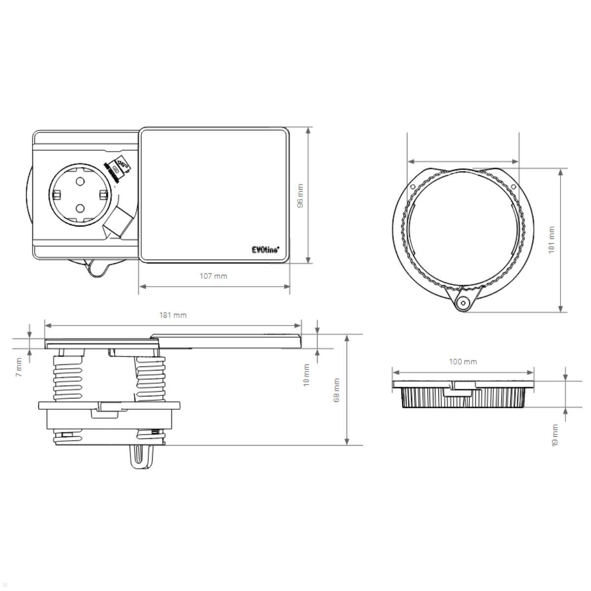 EVOline Square80 Einbausteckdose mit USB-C, CAT6 Patchkabel, Edelstahl, Zeichnung