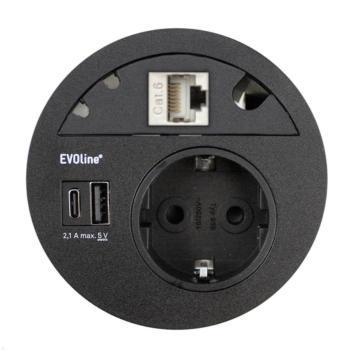 EVOline Circle80 Einbausteckdose mit USB-Doppelcharger A/C, Blende Cat6A, schwarz  EVOline Circle80 Einbausteckdose mit USB-Doppelcharger A/C, Blende Cat6A, schwarz