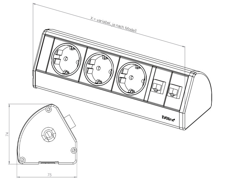 EVOline Dock DESK 3x Schuko mit slide stops Zeichnung EVOline Dock DESK 3x Schuko mit slide stops Zeichnung