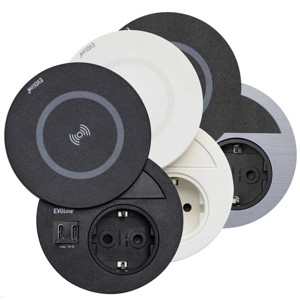 EVOline Circle80 Einbausteckdose mit USB-Charger C/C und DisQ Induktion-Charger, Farbauswahl EVOline Circle80 Einbausteckdose mit USB-Charger C/C und DisQ Induktion-Charger, Farbauswahl