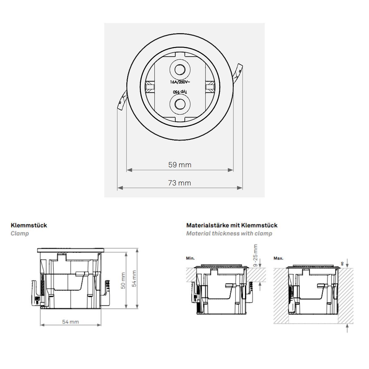 EVOline One Einbausteckdose Maße EVOline One Einbausteckdose Maße