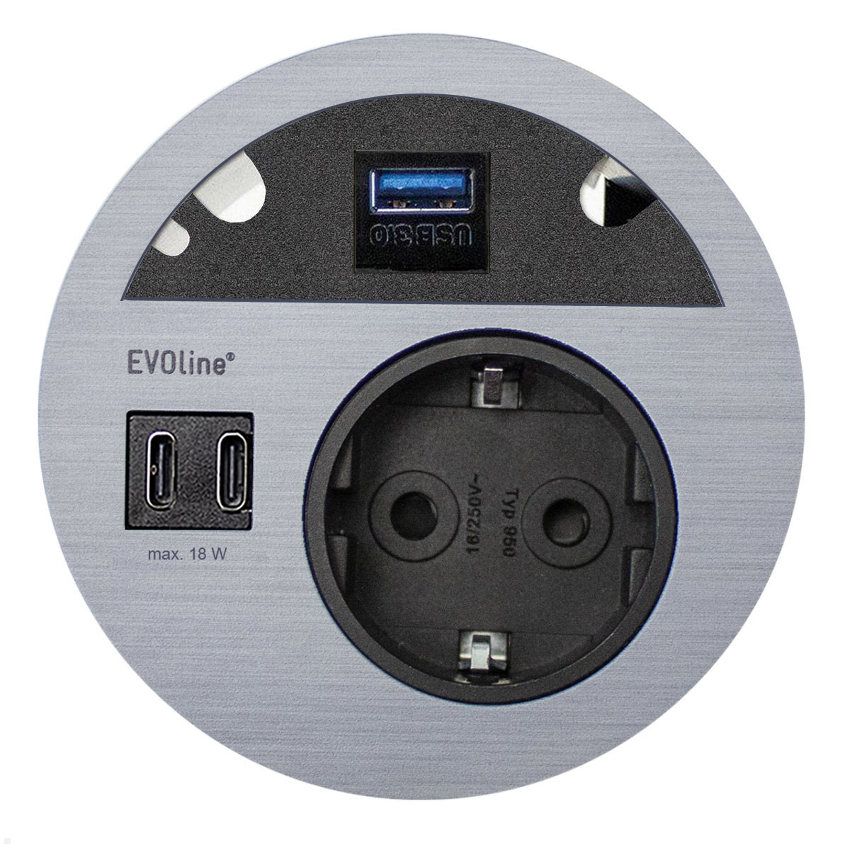 EVOline Circle80 Einbausteckdose mit USB-Charger C/C mit USB 3.0, Edelstahl-Optik