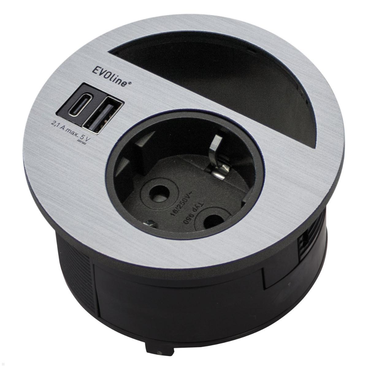 EVOline Circle80 Einbausteckdose mit 1x USB-A / 1x USB-C Charger, Edelstahl Winkelstecker EVOline Circle80 Einbausteckdose mit 1x USB-A / 1x USB-C Charger, Edelstahl Winkelstecker
