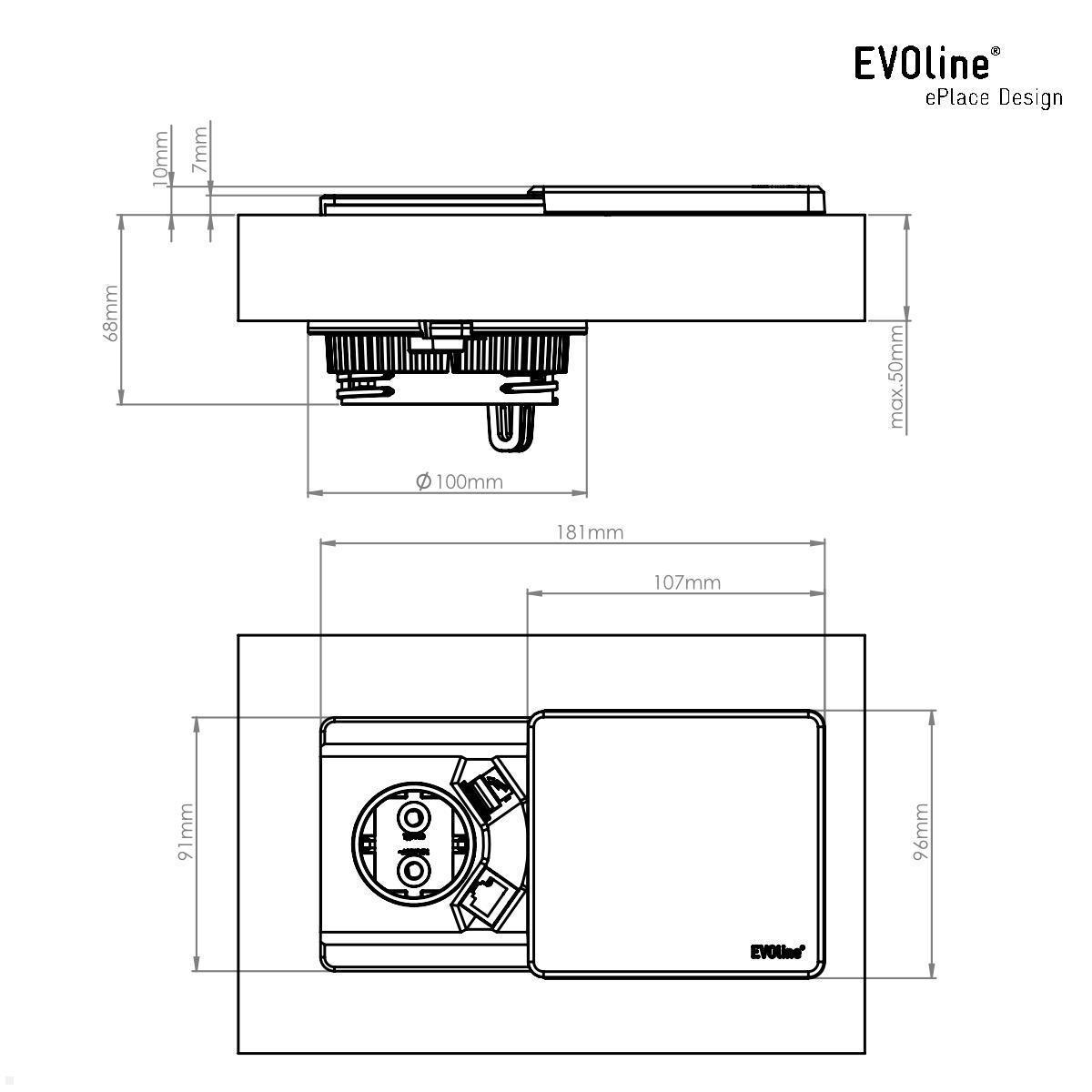 EVOline Square80 Einbausteckdose mit 2x USB Charger, Edelstahl technische Zeichnung EVOline Square80 Einbausteckdose mit 2x USB Charger, Edelstahl technische Zeichnung