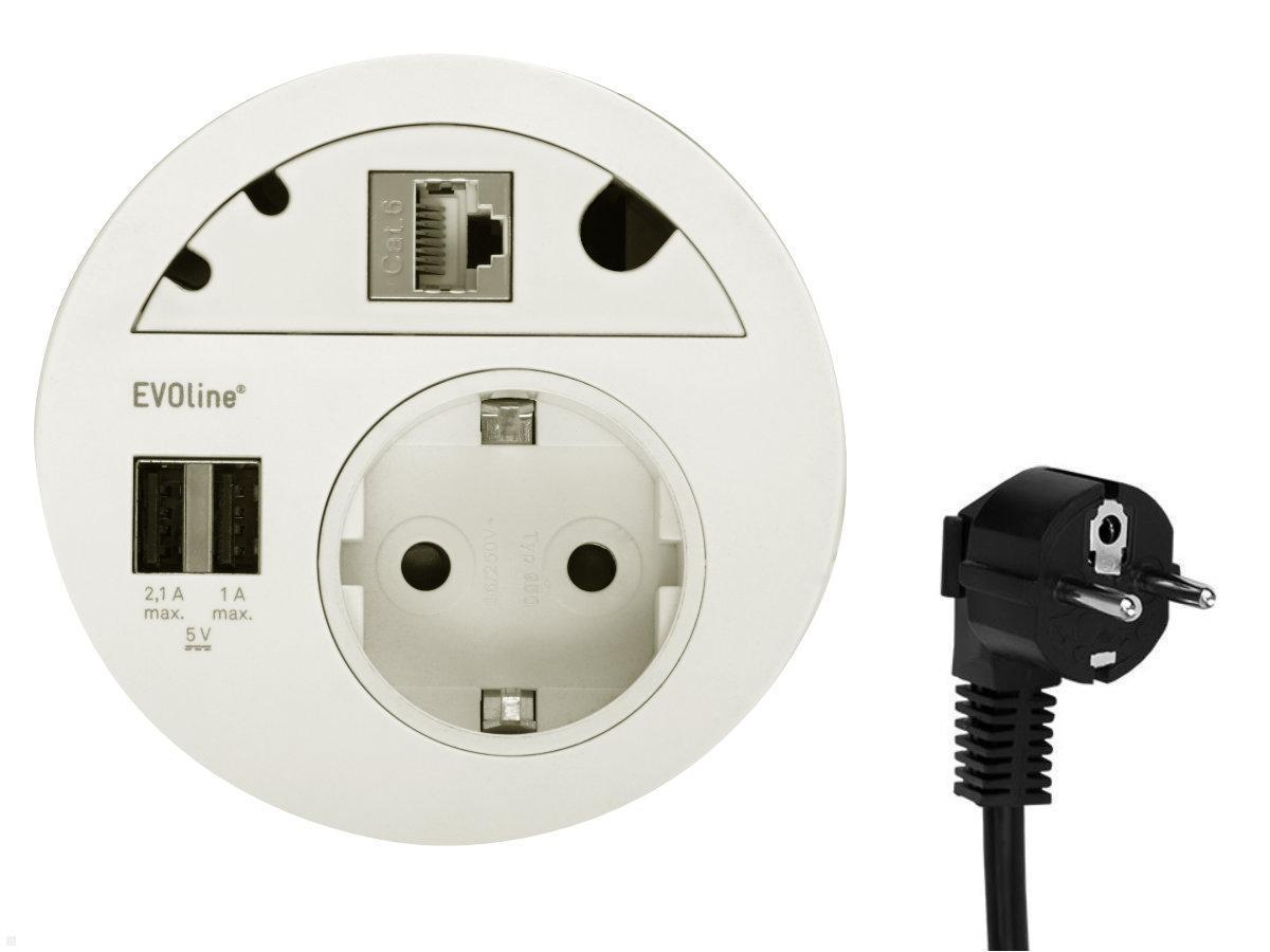 EVOline Circle80 Einbausteckdose 2xUSB mit Blende RJ45 CAT6, weiß, Stecker