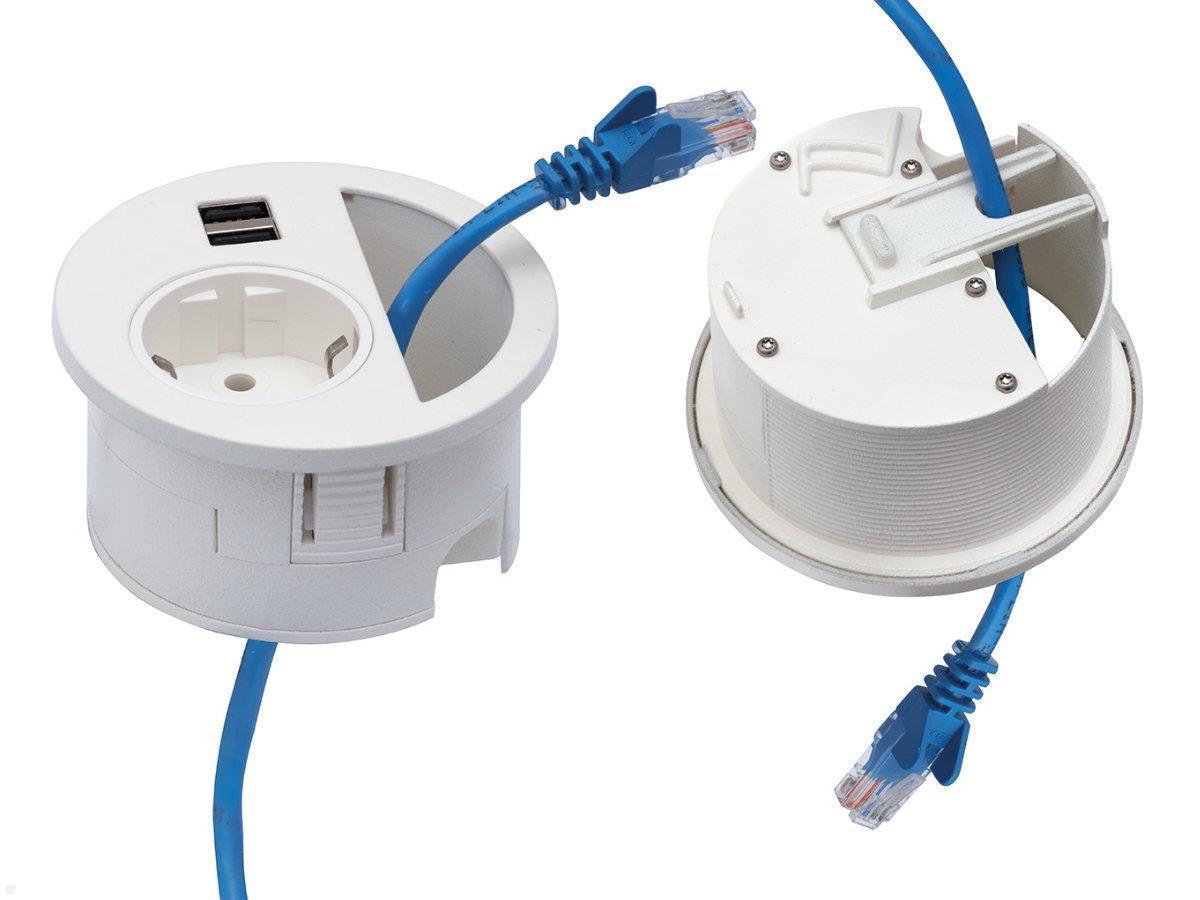 EVOline Circle80 Einbausteckdose 2xUSB mit Blende RJ45 CAT6, weiß, Kabelklemme