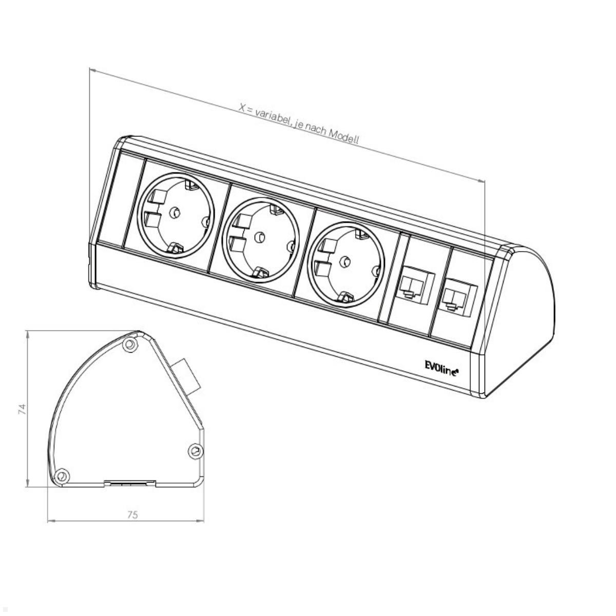 EVOline Dock DATA SMALL 3-fach Steckdose mit Befestigungszwinge, Skizze EVOline Dock DATA SMALL 3-fach Steckdose mit Befestigungszwinge, Skizze
