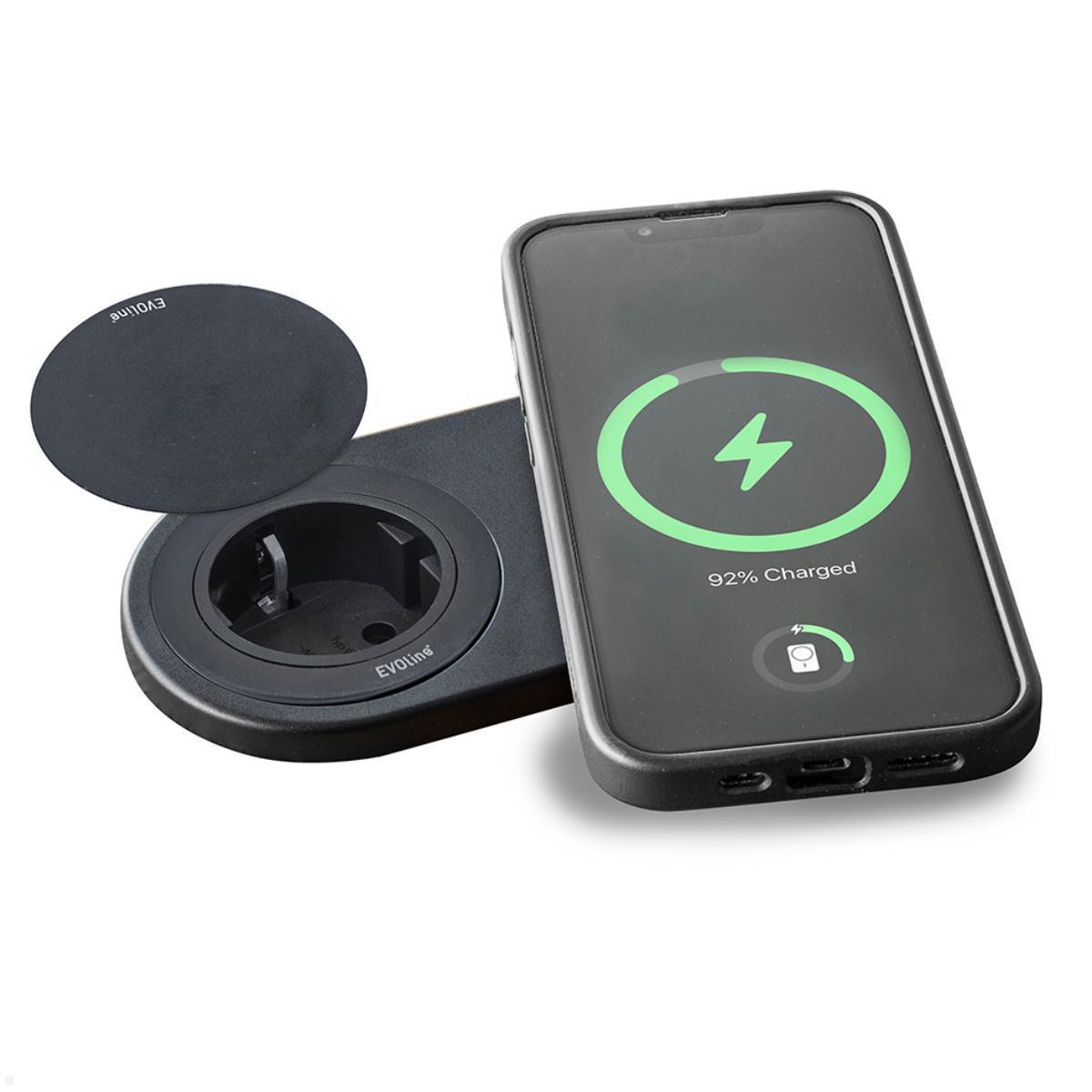 EVOline DisQ One Einbausteckdose mit Deckel, induktive Ladestation Deckel geöffnet