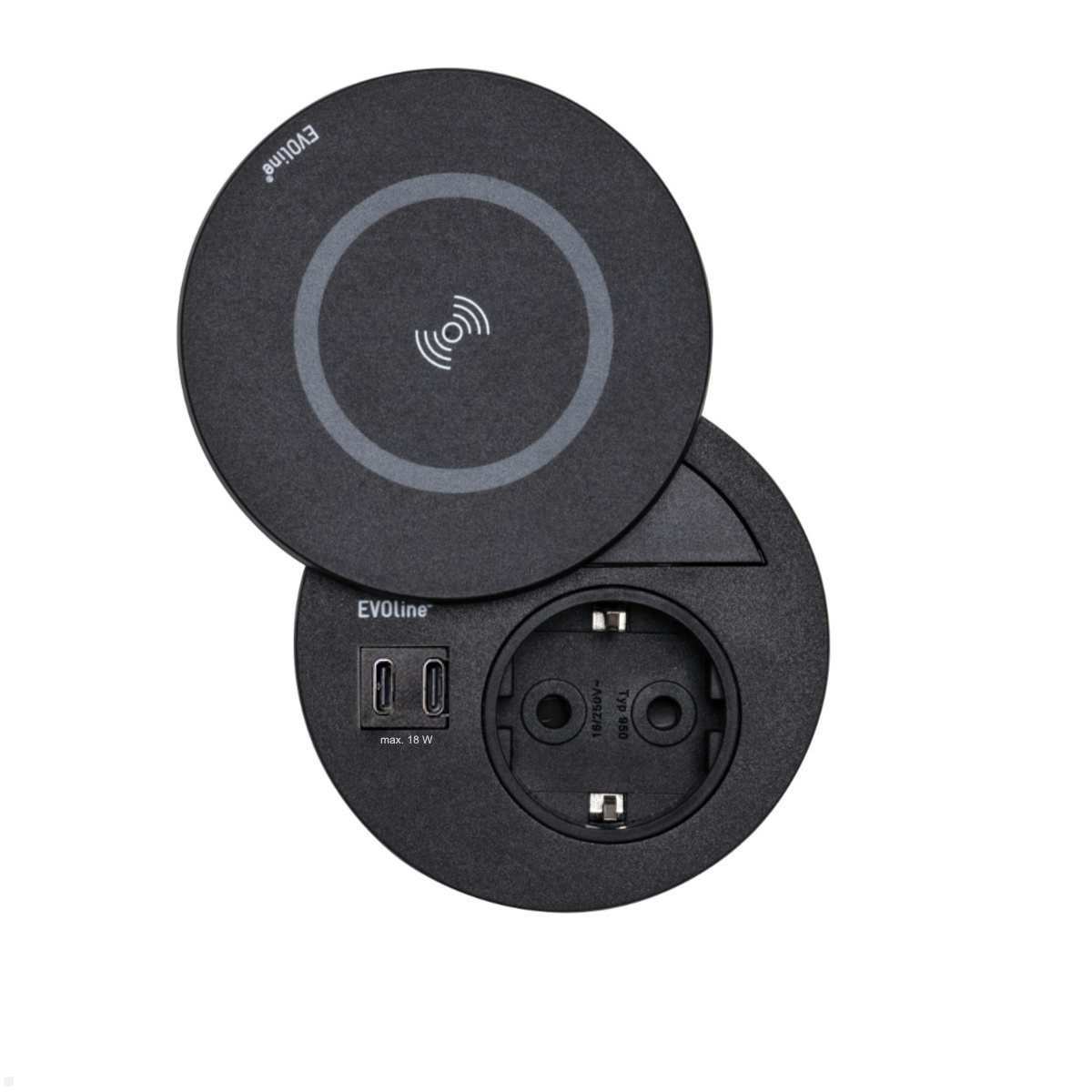 EVOline Circle80 Einbausteckdose mit USB-Charger C/C und DisQ Induktion-Charger, schwarz EVOline Circle80 Einbausteckdose mit USB-Charger C/C und DisQ Induktion-Charger, schwarz