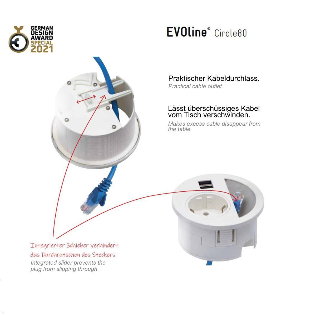 EVOline Circle80 Einbausteckdose mit USB-Doppelcharger A/C, Blende, Detail (Farbvariante) EVOline Circle80 Einbausteckdose mit USB-Doppelcharger A/C, Blende, Detail (Farbvariante)