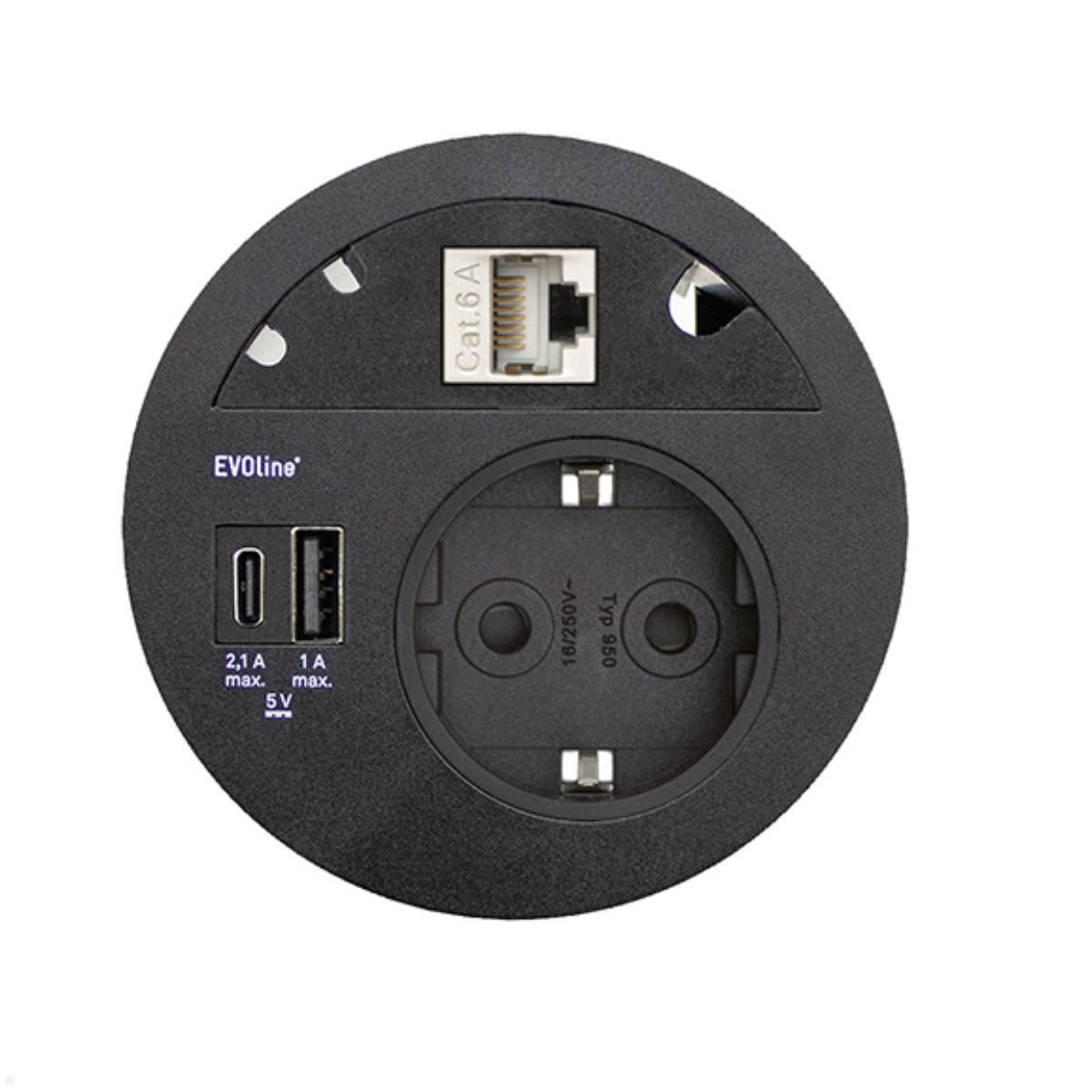 EVOline Circle80 Einbausteckdose mit USB-Charger A/C, Blende CAT6A, schwarz EVOline Circle80 Einbausteckdose mit USB-Charger A/C, Blende CAT6A, schwarz