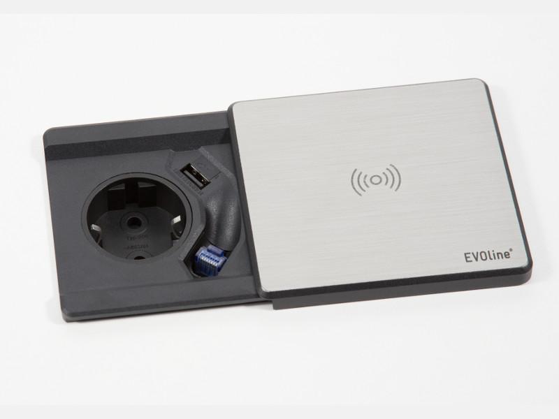 EVOline Square80 Einbausteckdose Qi-Version 1x Schuko, USB, CAT6 Patchkabel Edelstahl EVOline Square80 Einbausteckdose Qi-Version 1x Schuko, USB, CAT6 Patchkabel Edelstahl