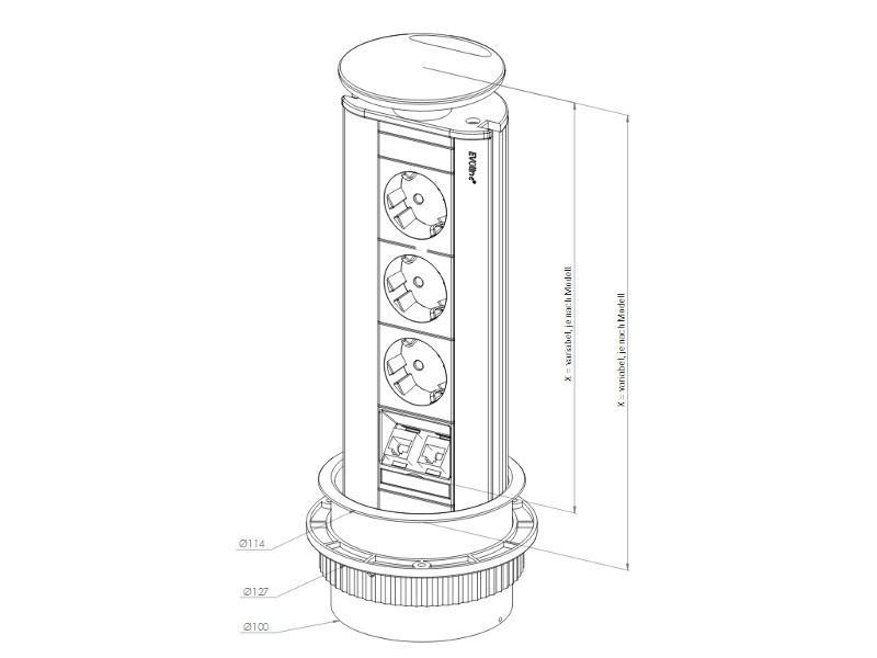 EVOline Port Data zweifache versenkbare Steckdose 2x CAT6, silber, Maße EVOline Port Data zweifache versenkbare Steckdose 2x CAT6, silber, Maße