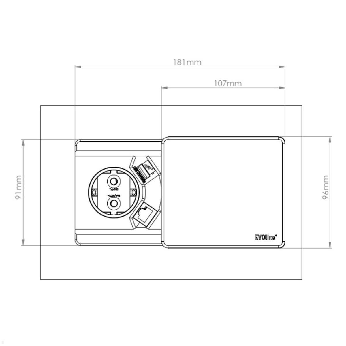 EVOline Square80 Einbausteckdose mit 1x USB-C, schwarz, Maße EVOline Square80 Einbausteckdose mit 1x USB-C, schwarz, Maße