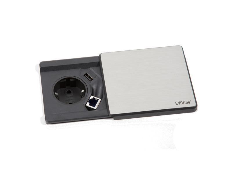 EVOline Square80 Einbausteckdose 1x Schuko mit USB und CAT6 Buchse Edelstahl-Optik
