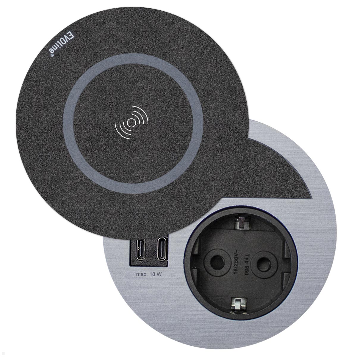 EVOline Circle80 Einbausteckdose mit USB-Charger C/C und DisQ Induktion-Charger, Edelstahl-Optik
