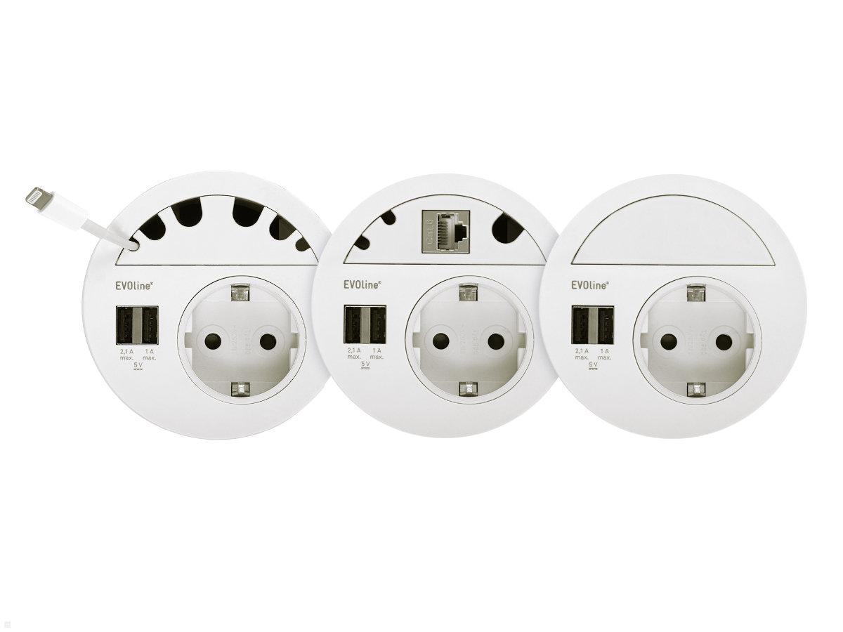 EVOline Circle80 Einbausteckdose 2xUSB mit Blende RJ45 CAT6, weiß, Modelle