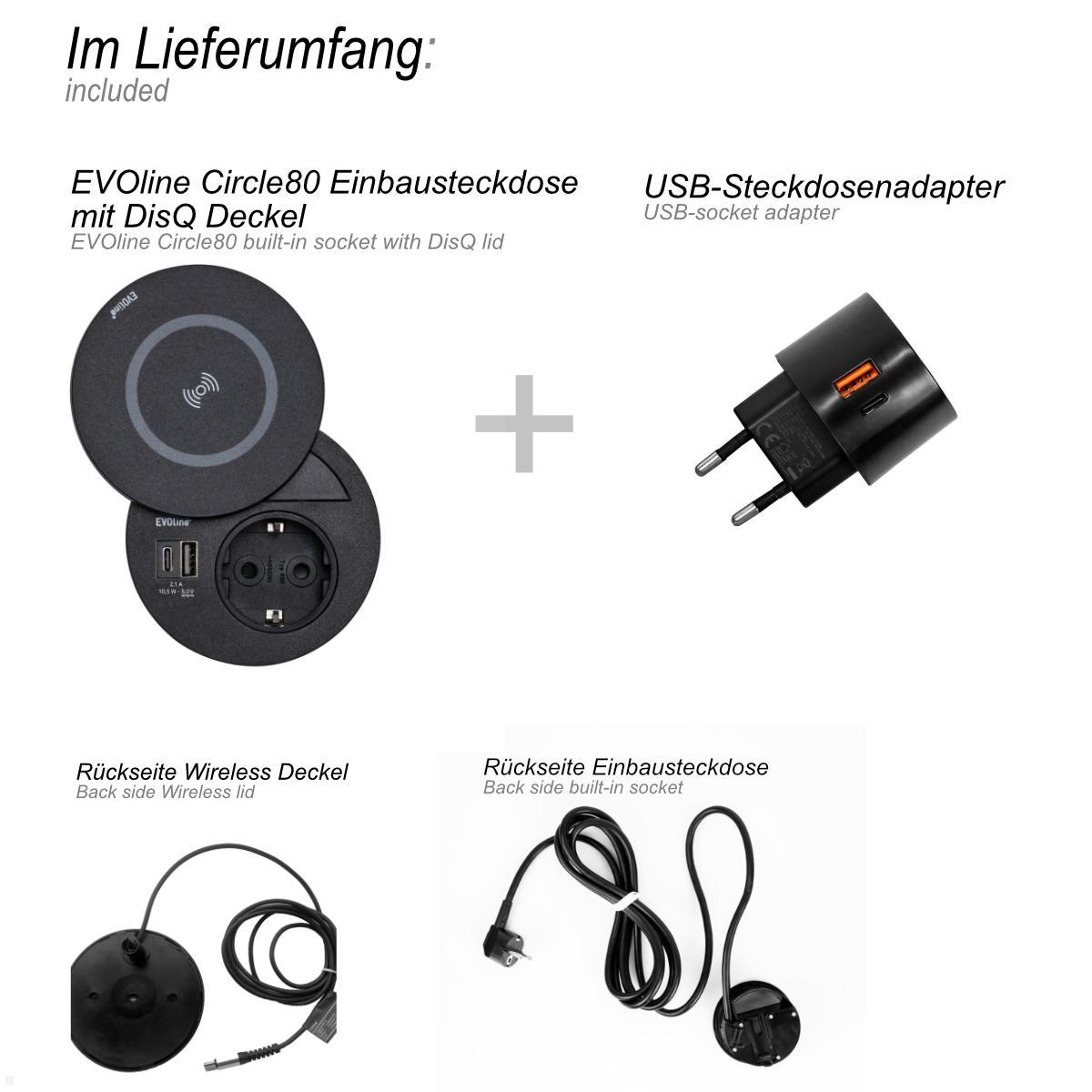 EVOline Circle80 Einbausteckdose USB A/C, Wireless Charger Deckel, Lieferumfang EVOline Circle80 Einbausteckdose USB A/C, Wireless Charger Deckel, Lieferumfang
