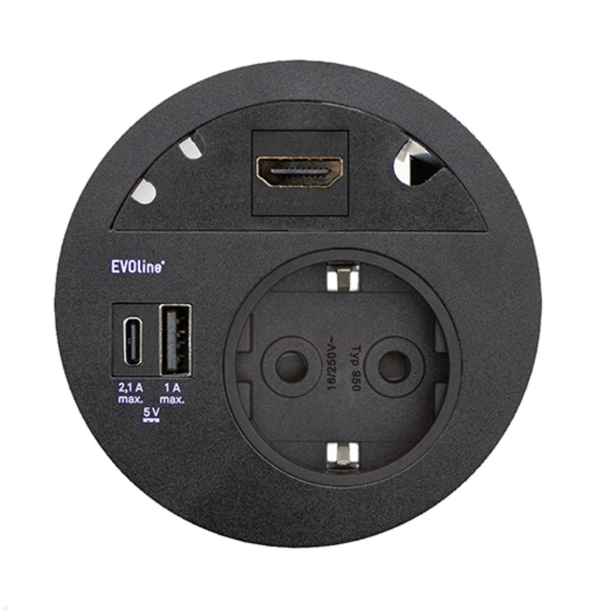 EVOline Circle80 Einbausteckdose mit USB-Charger A/C, Blende HDMI, schwarz EVOline Circle80 Einbausteckdose mit USB-Charger A/C, Blende HDMI, schwarz