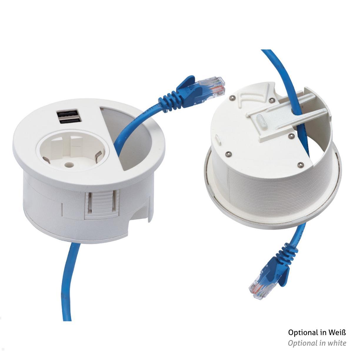 EVOline Circle80 Einbausteckdose mit 1x USB-A / 1x USB-C Charger, Edelstahl Kabeldurchlass EVOline Circle80 Einbausteckdose mit 1x USB-A / 1x USB-C Charger, Edelstahl Kabeldurchlass